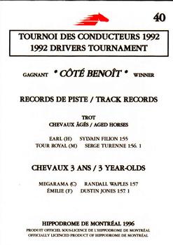 1996 Hippodrome de Montreal #40 Benoit Côté - Tournoi des Conducteurs 1992 Back